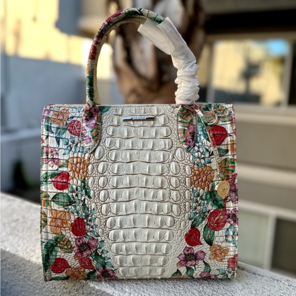 NWT BRAHMIN CAROLINE SATCHEL CROC-EMBOSSED LEATHER SHOULDER BAG FLORAL PRINT‎